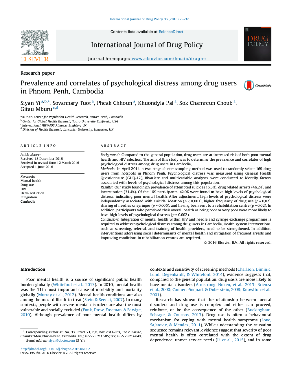 Prevalence and correlates of psychological distress among drug users in Phnom Penh, Cambodia