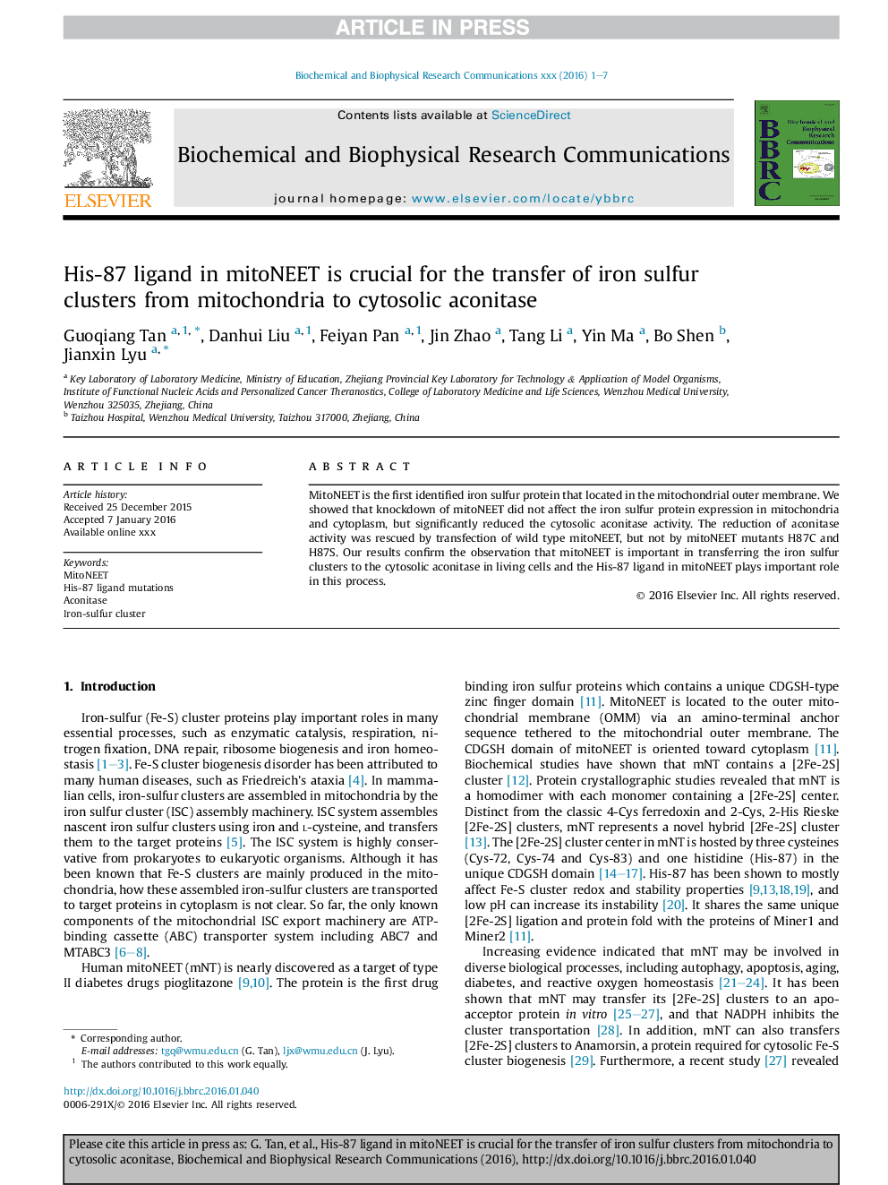 His-87 ligand in mitoNEET is crucial for the transfer of iron sulfur clusters from mitochondria to cytosolic aconitase