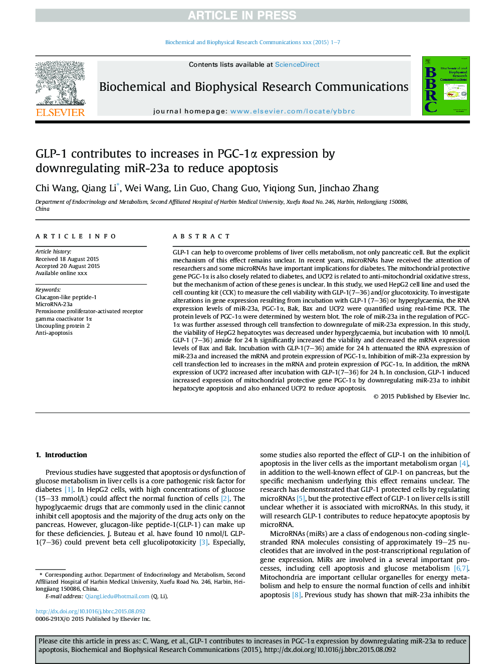 GLP-1 contributes to increases in PGC-1Î± expression by downregulating miR-23a to reduce apoptosis