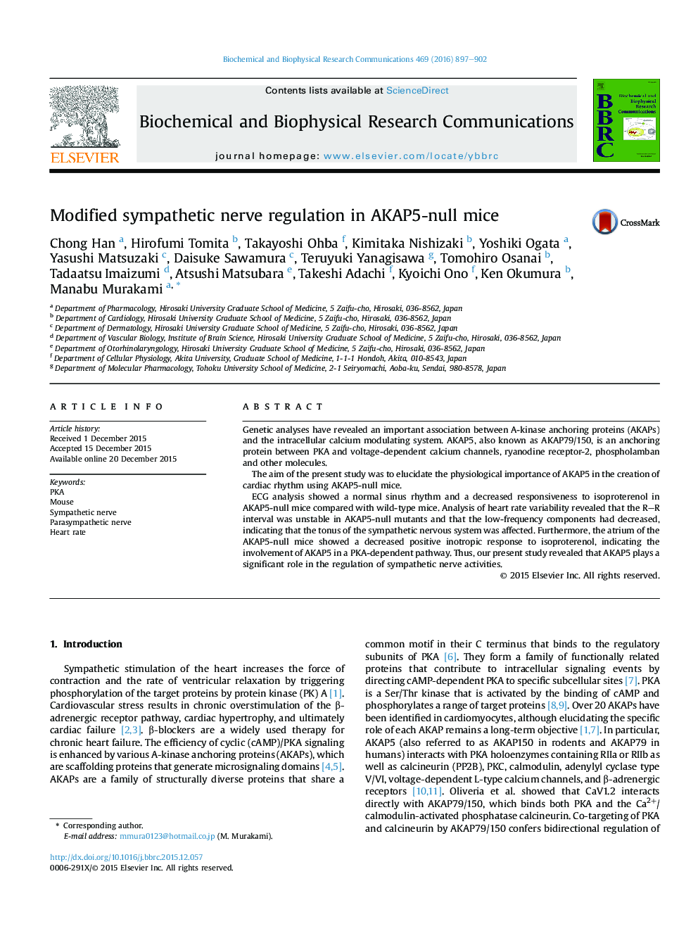 Modiï¬ed sympathetic nerve regulation in AKAP5-null mice