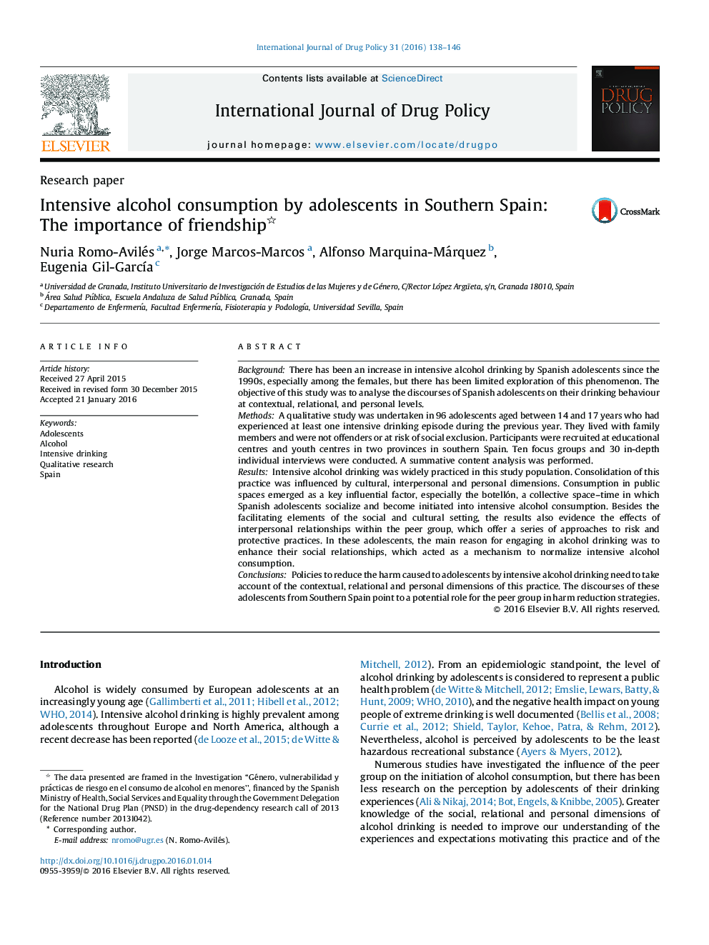 Intensive alcohol consumption by adolescents in Southern Spain: The importance of friendship 