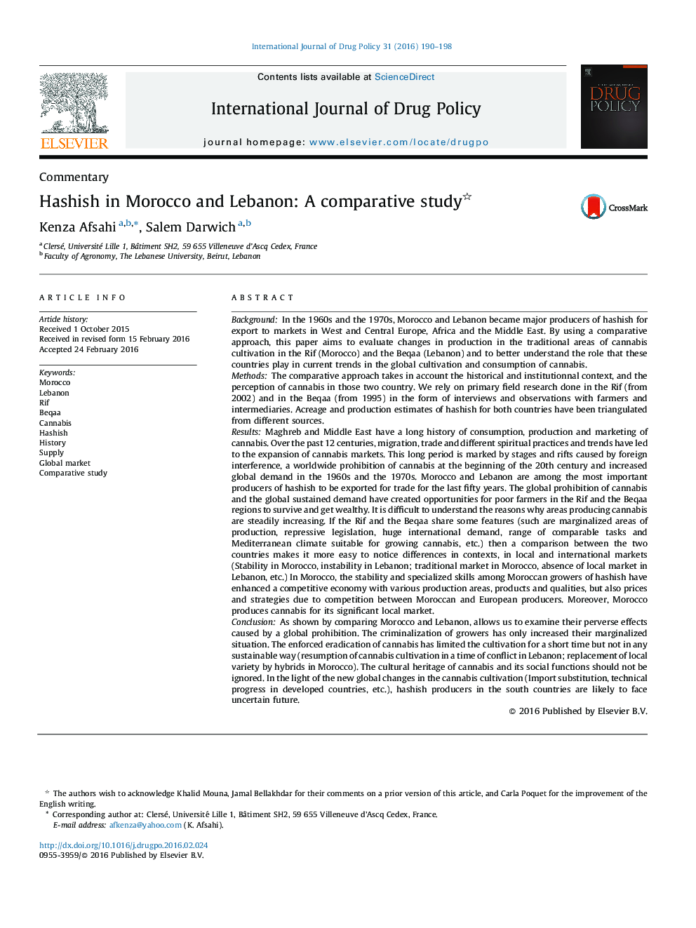 Hashish in Morocco and Lebanon: A comparative study 