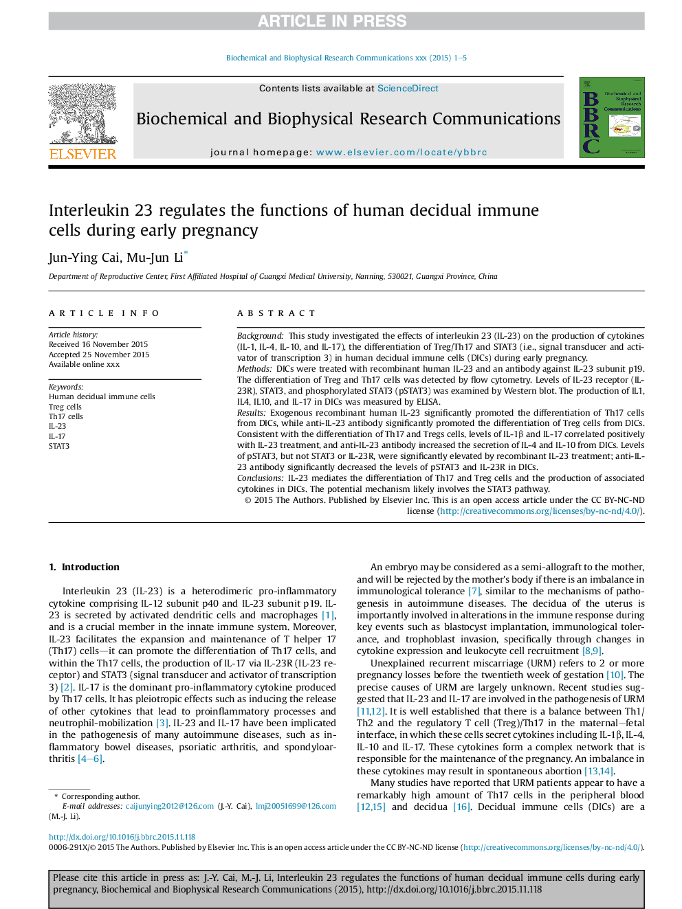 Interleukin 23 regulates the functions of human decidual immune cells during early pregnancy