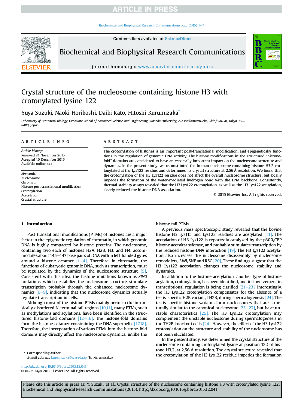 Crystal structure of the nucleosome containing histone H3 with crotonylated lysine 122