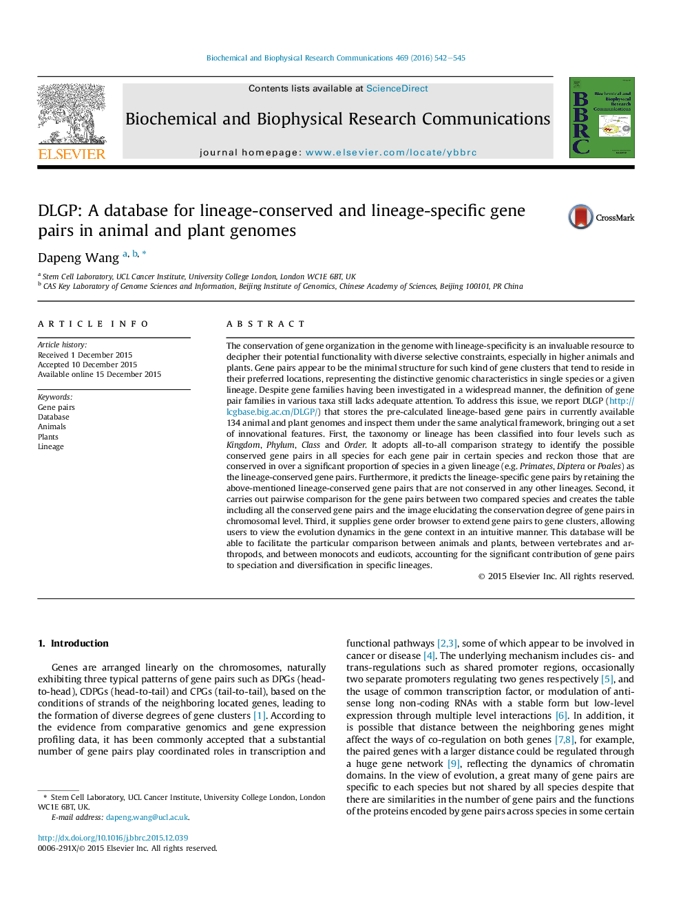 عکس صفحه اول مقاله: DLGP: A database for lineage-conserved and lineage-specific gene pairs in animal and plant genomes DLGP: A database for lineage-conserved and lineage-specific gene pairs in animal and plant genomes