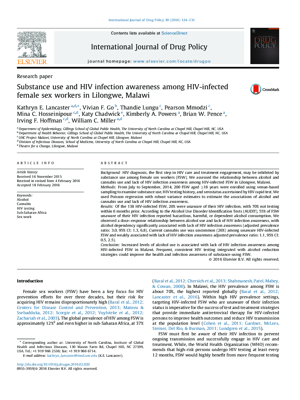 Substance use and HIV infection awareness among HIV-infected female sex workers in Lilongwe, Malawi