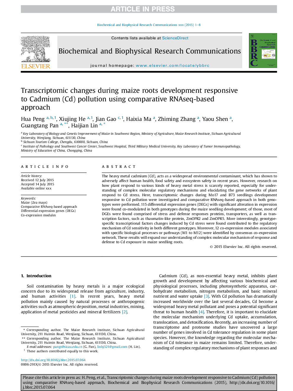 Transcriptomic changes during maize roots development responsive to Cadmium (Cd) pollution using comparative RNAseq-based approach