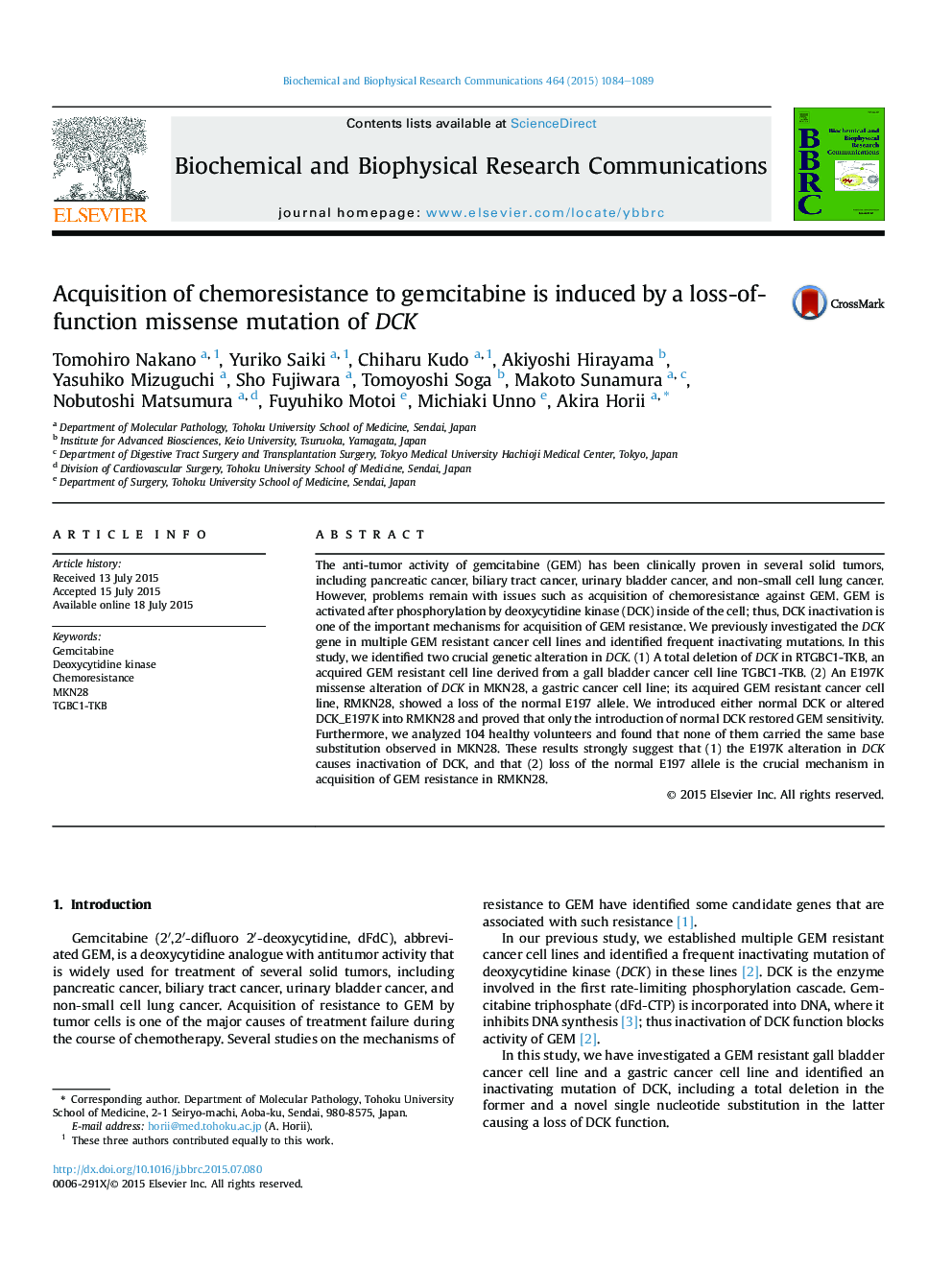 Acquisition of chemoresistance to gemcitabine is induced by a loss-of-function missense mutation of DCK