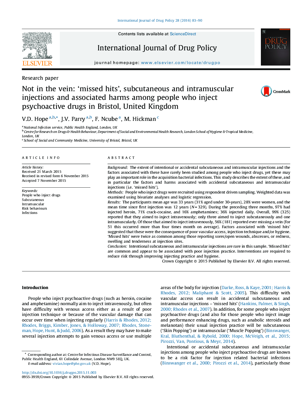 Not in the vein: ‘missed hits’, subcutaneous and intramuscular injections and associated harms among people who inject psychoactive drugs in Bristol, United Kingdom