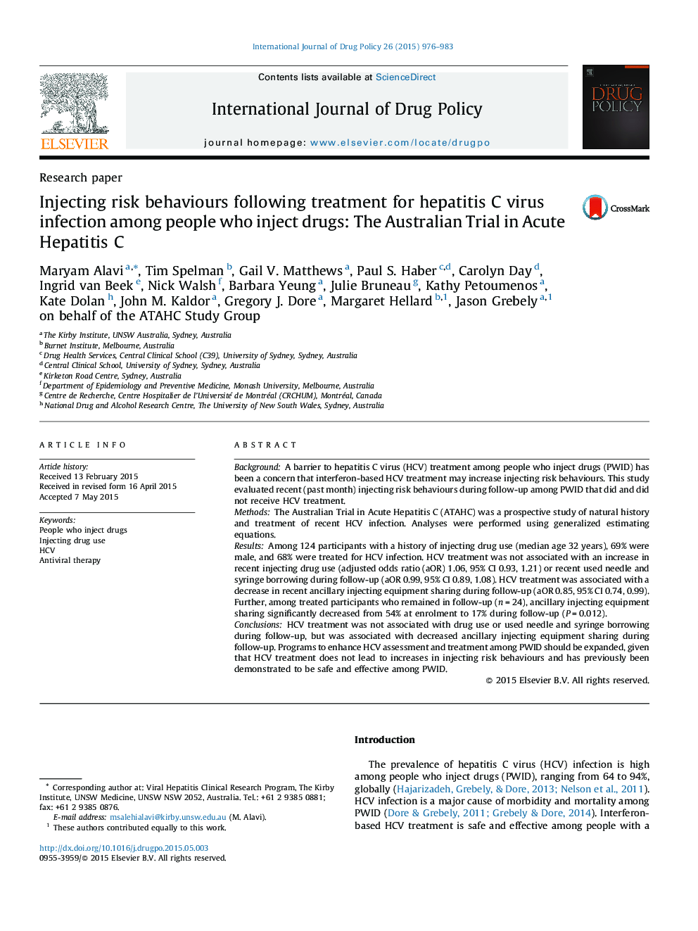 Injecting risk behaviours following treatment for hepatitis C virus infection among people who inject drugs: The Australian Trial in Acute Hepatitis C