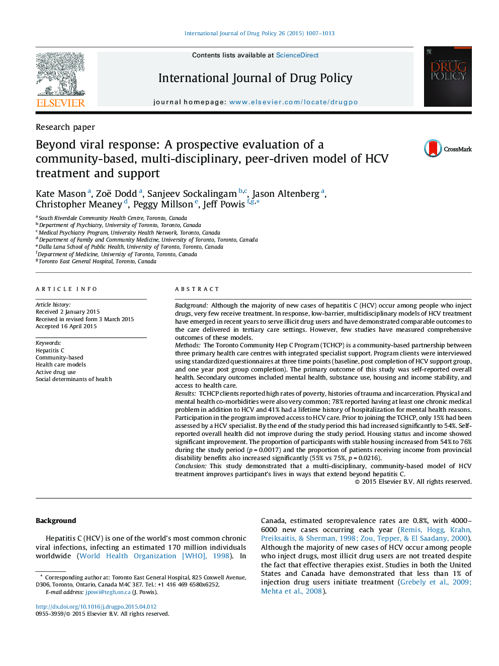 Beyond viral response: A prospective evaluation of a community-based, multi-disciplinary, peer-driven model of HCV treatment and support