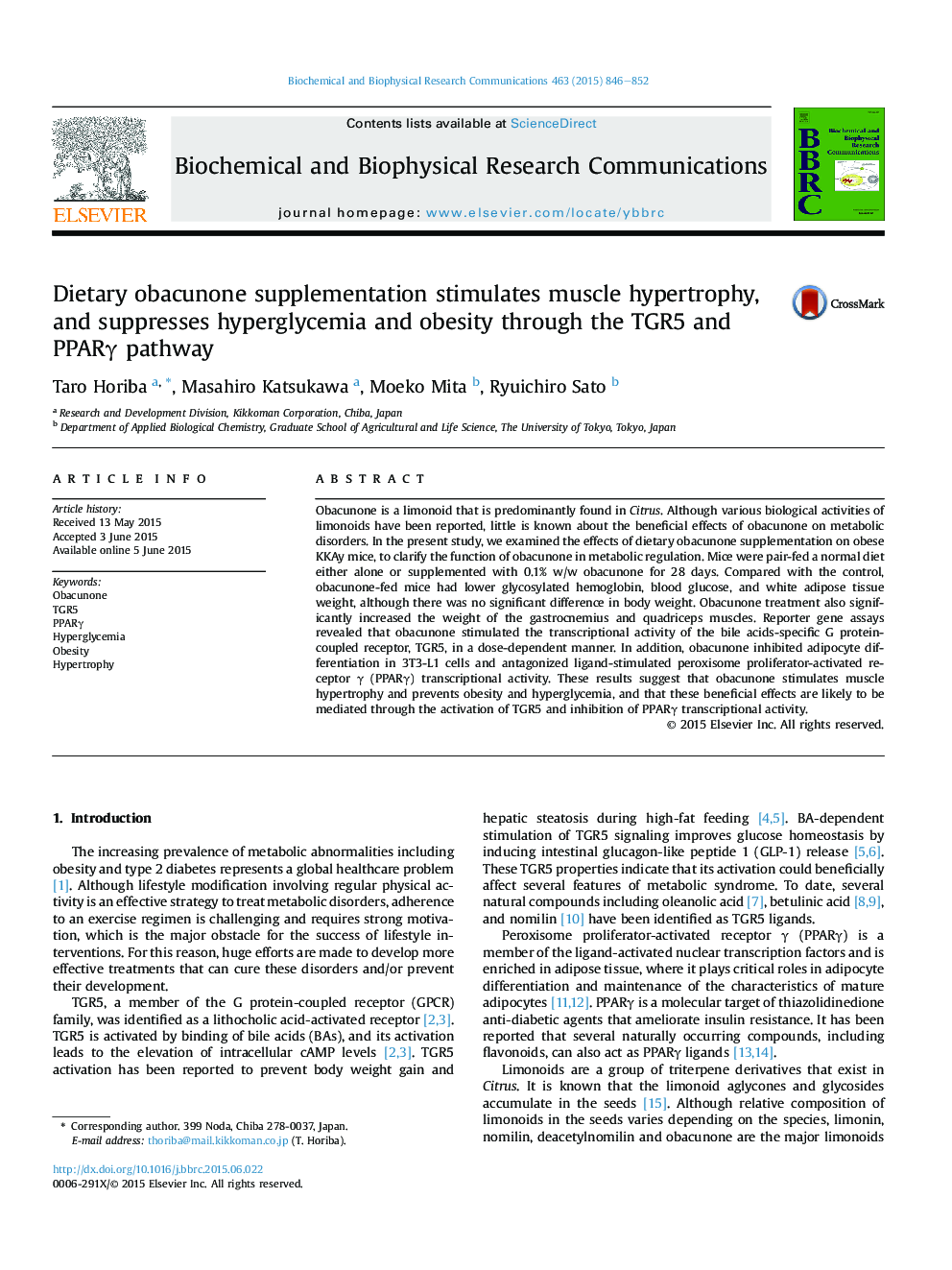 Dietary obacunone supplementation stimulates muscle hypertrophy, and suppresses hyperglycemia and obesity through the TGR5 and PPARÎ³ pathway