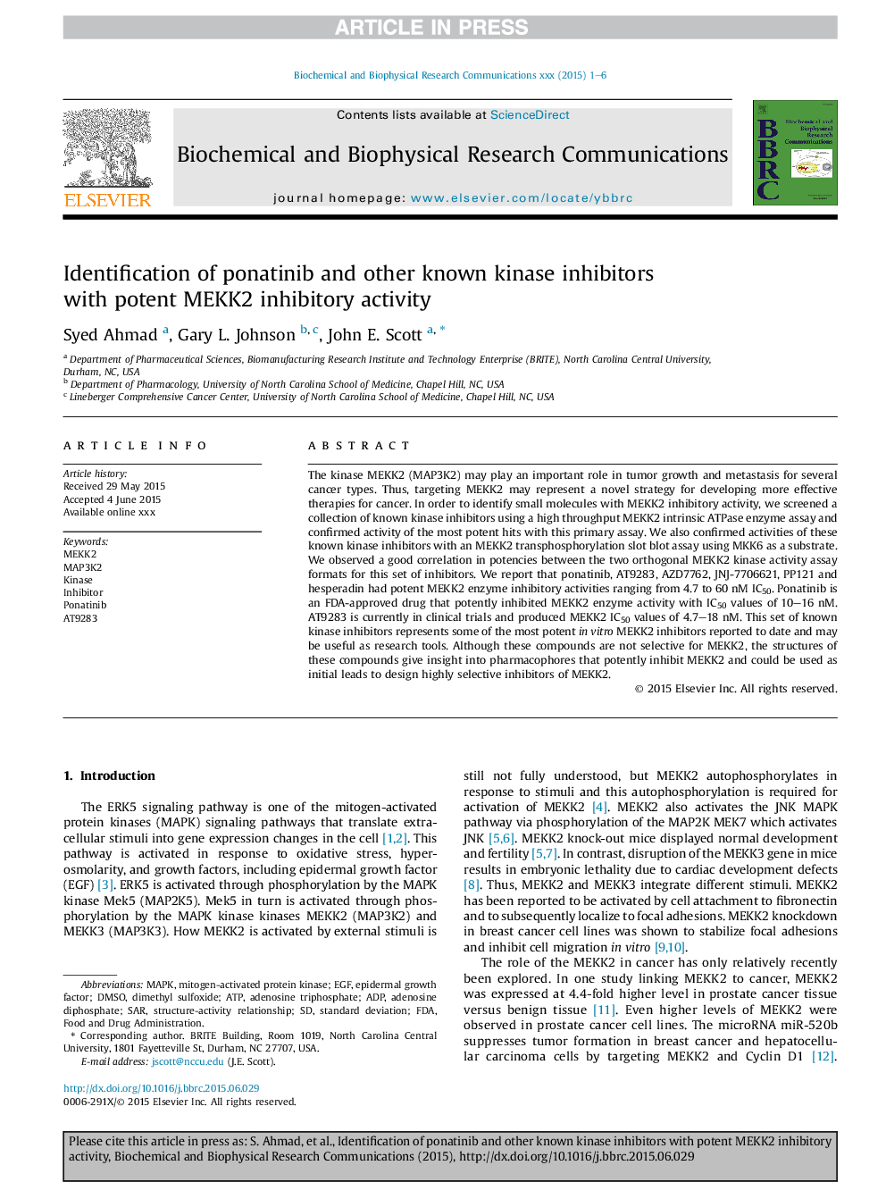 Identification of ponatinib and other known kinase inhibitors withÂ potent MEKK2 inhibitory activity