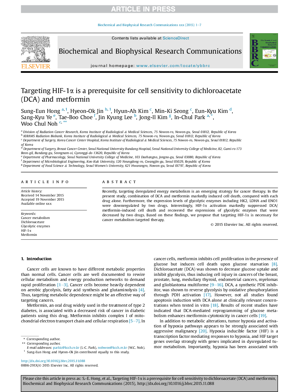 Targeting HIF-1Î± is a prerequisite for cell sensitivity to dichloroacetate (DCA) and metformin