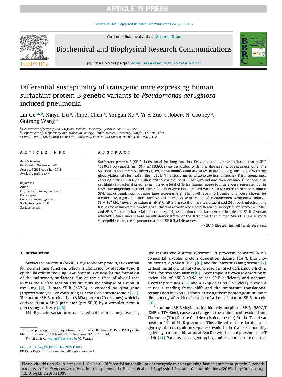 Differential susceptibility of transgenic mice expressing human surfactant protein B genetic variants to Pseudomonas aeruginosa induced pneumonia