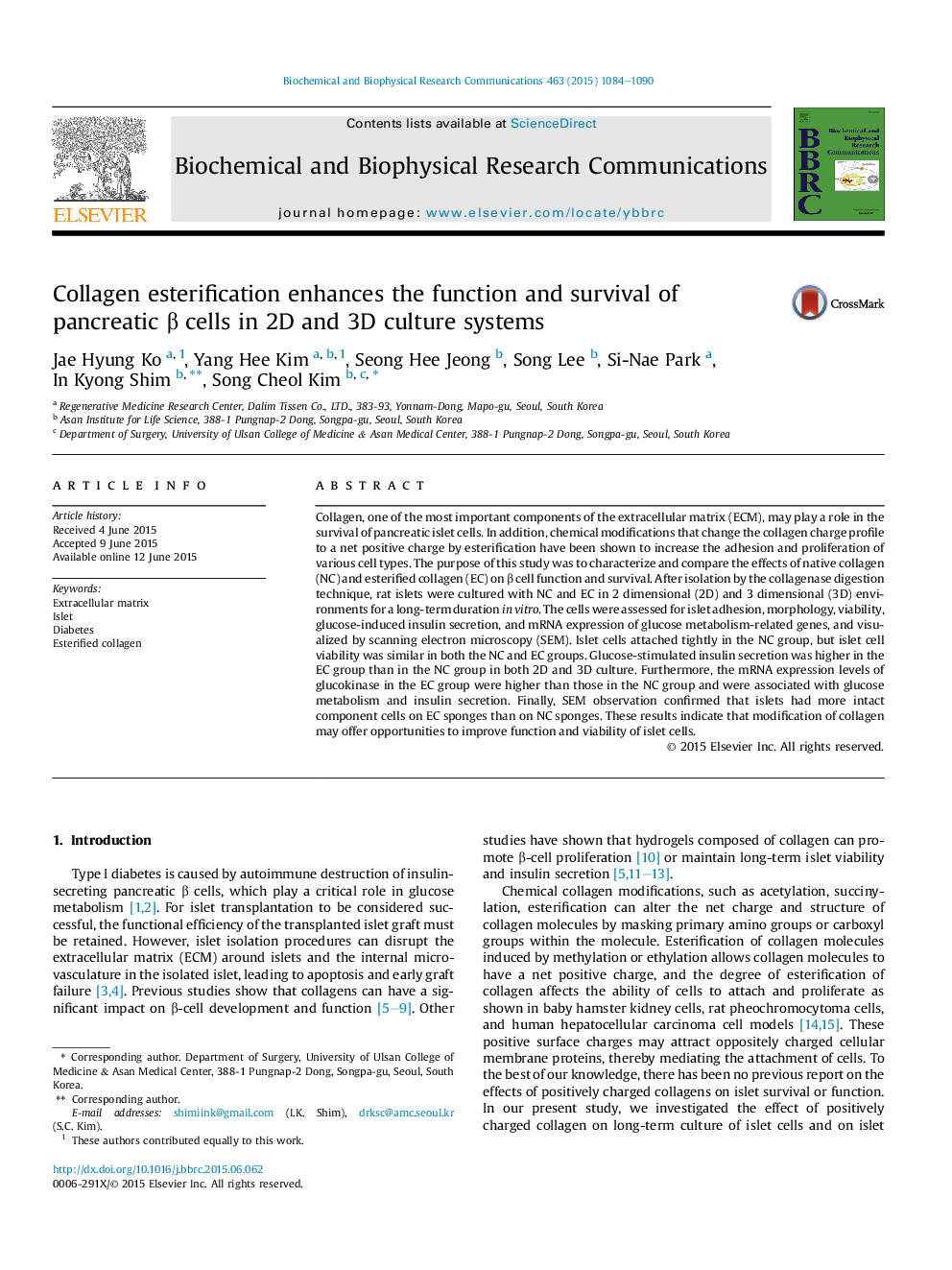 Collagen esterification enhances the function and survival of pancreatic Î² cells in 2D and 3D culture systems