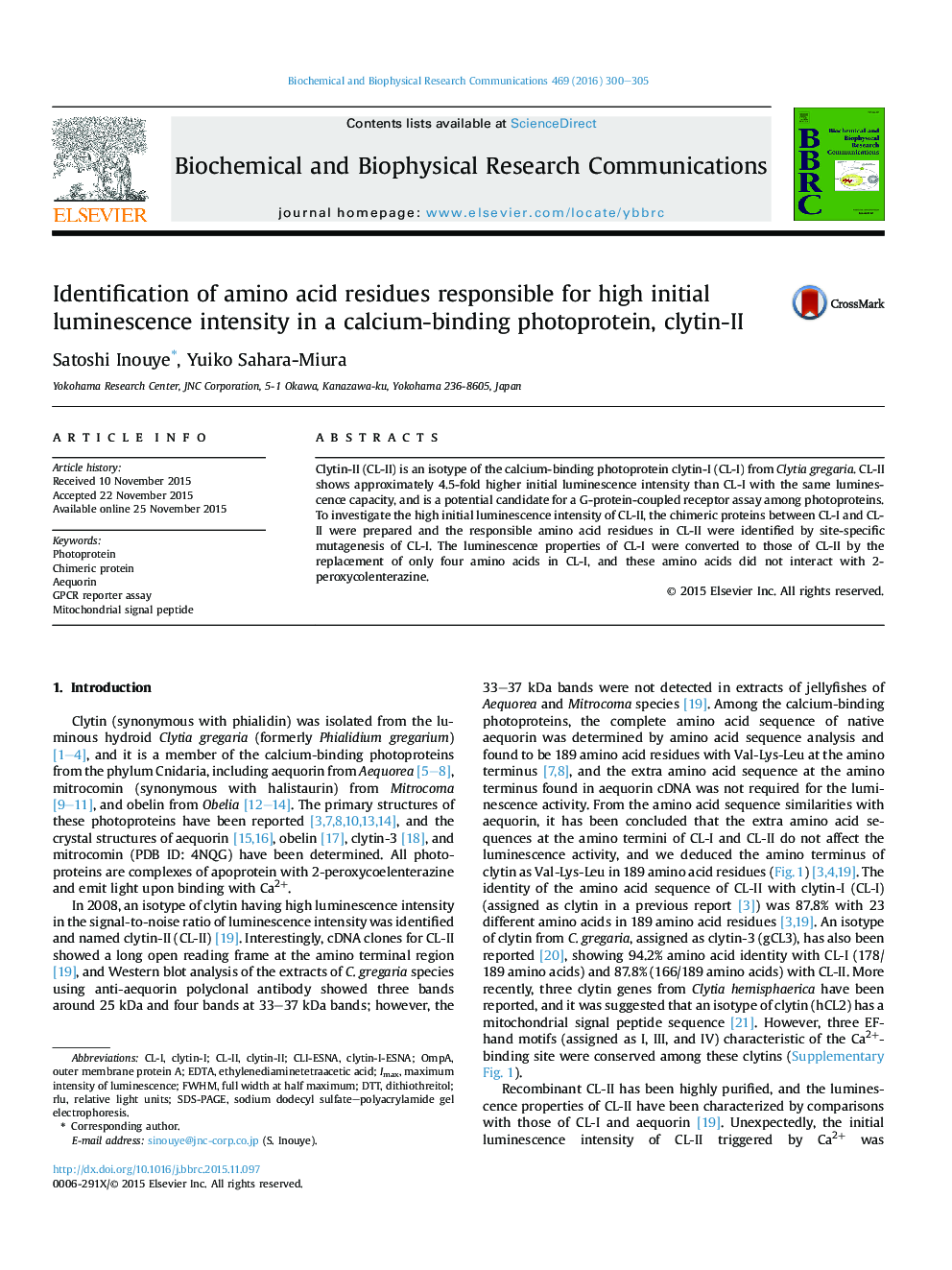 Identification of amino acid residues responsible for high initial luminescence intensity in a calcium-binding photoprotein, clytin-II