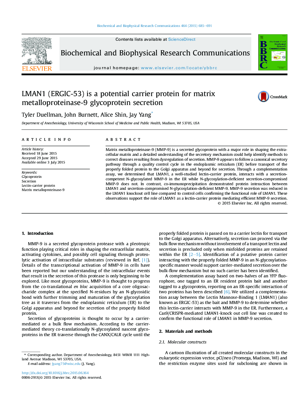 LMAN1 (ERGIC-53) is a potential carrier protein for matrix metalloproteinase-9 glycoprotein secretion