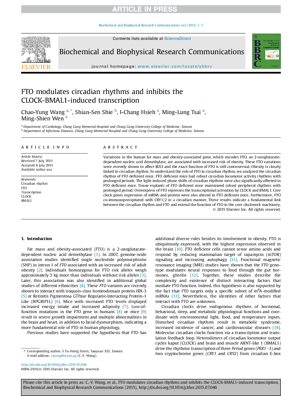 FTO modulates circadian rhythms and inhibits the CLOCK-BMAL1-induced transcription