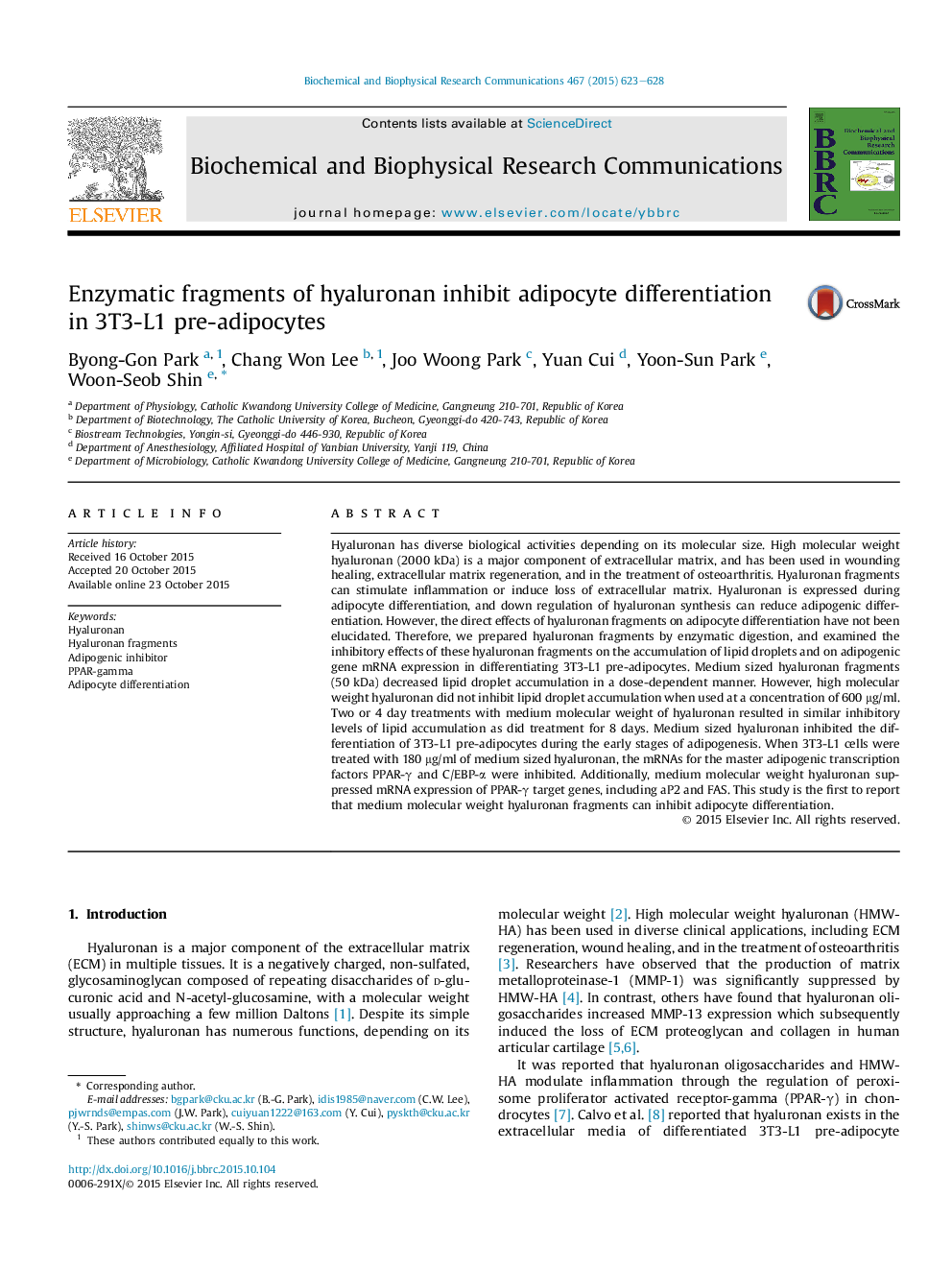 Enzymatic fragments of hyaluronan inhibit adipocyte differentiation in 3T3-L1 pre-adipocytes