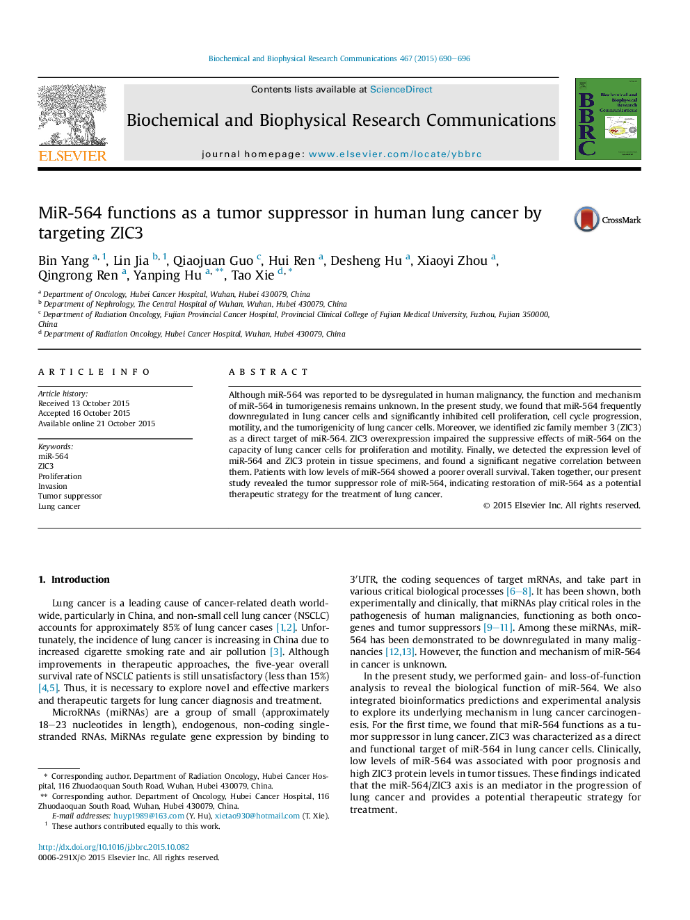 MiR-564 functions as a tumor suppressor in human lung cancer by targeting ZIC3