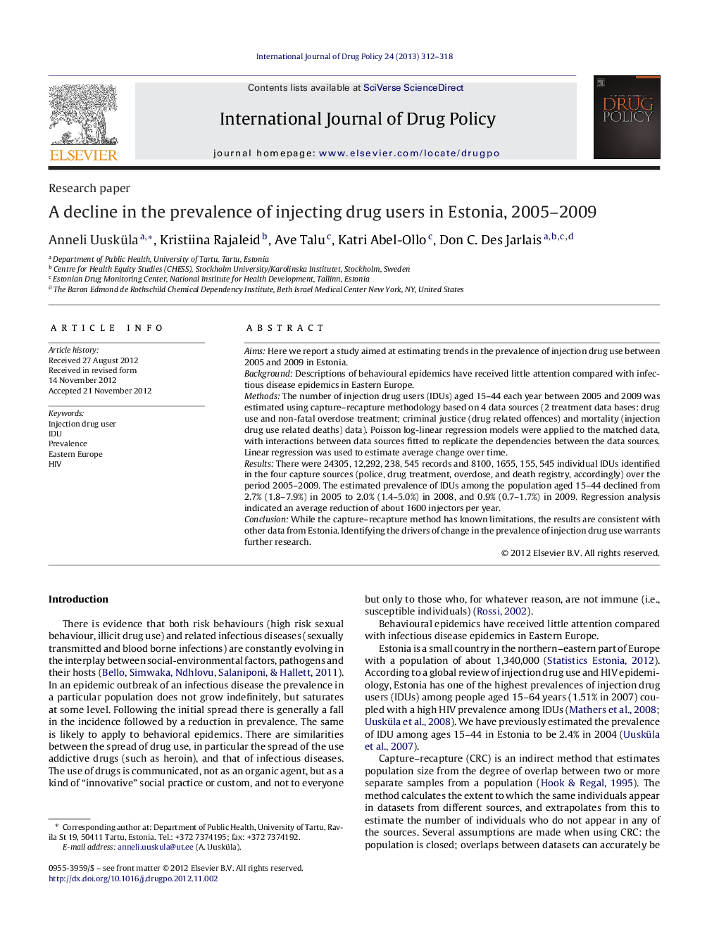 A decline in the prevalence of injecting drug users in Estonia, 2005–2009