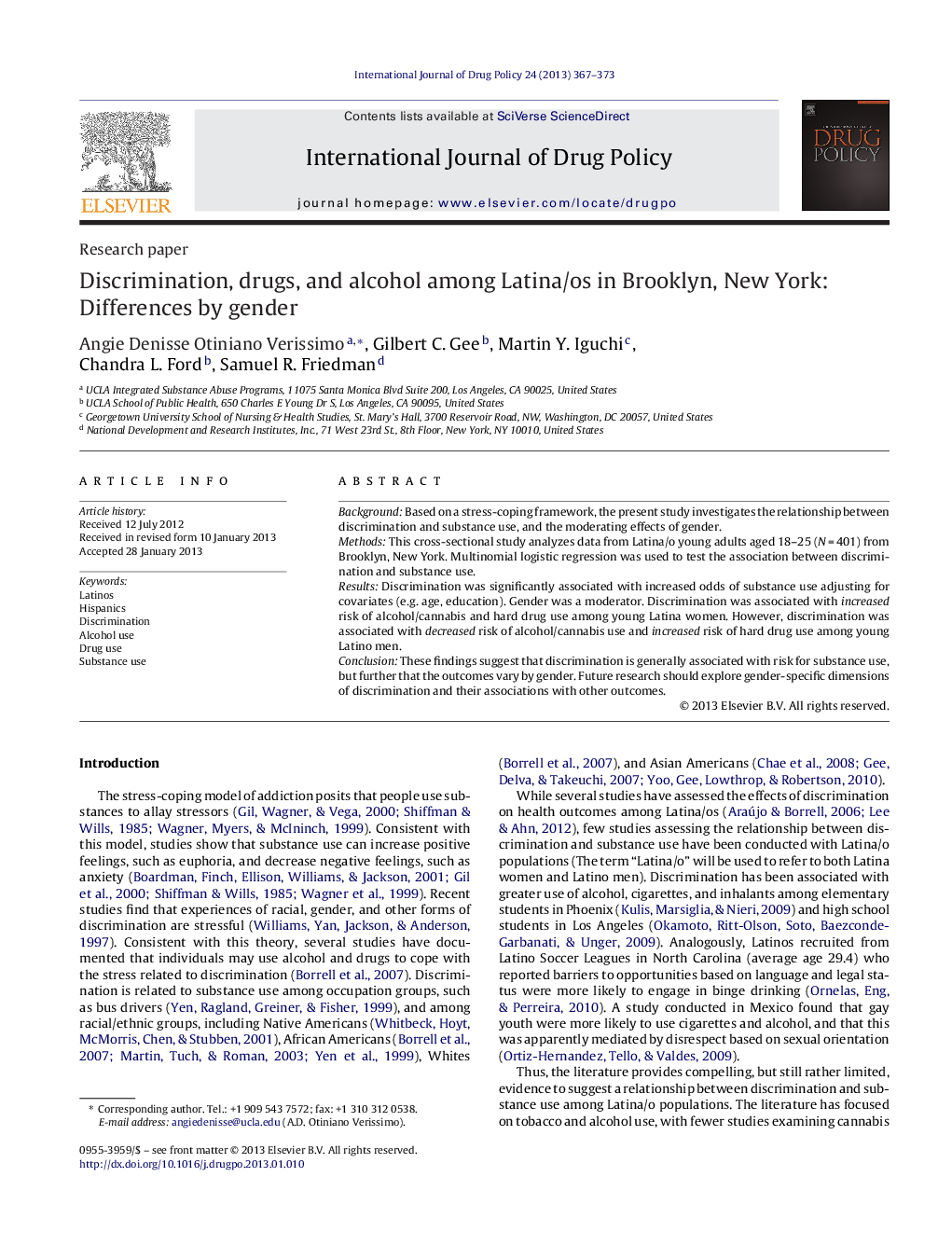 Discrimination, drugs, and alcohol among Latina/os in Brooklyn, New York: Differences by gender