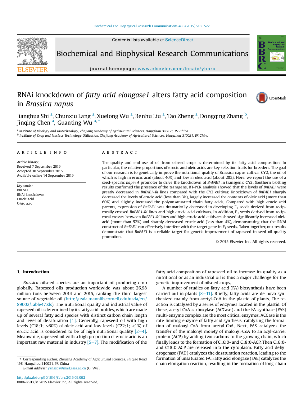 RNAi knockdown of fatty acid elongase1 alters fatty acid composition in Brassica napus