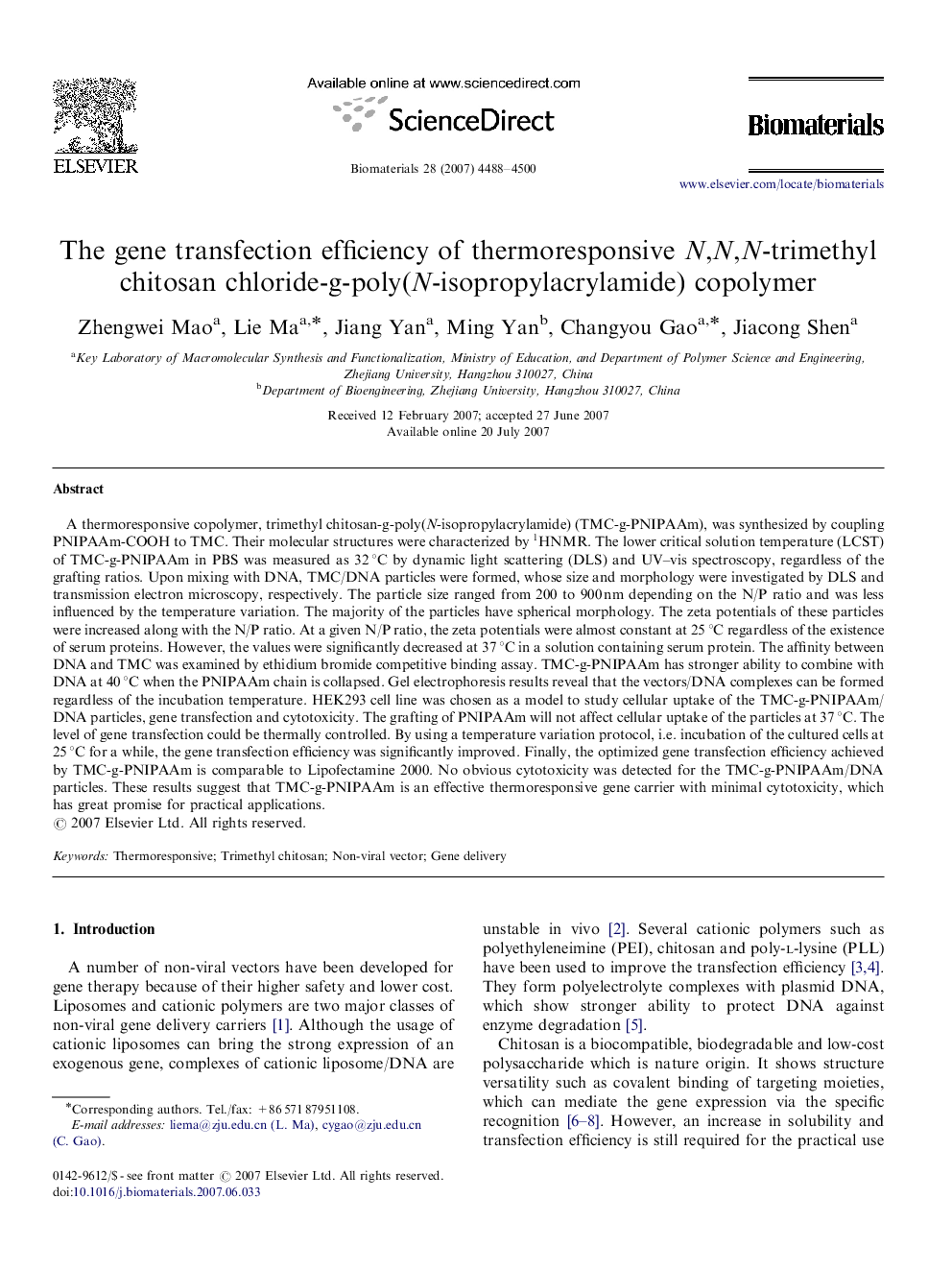 The gene transfection efficiency of thermoresponsive N,N,N-trimethyl chitosan chloride-g-poly(N-isopropylacrylamide) copolymer