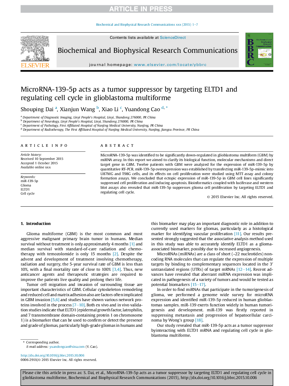 MicroRNA-139-5p acts as a tumor suppressor by targeting ELTD1 and regulating cell cycle in glioblastoma multiforme