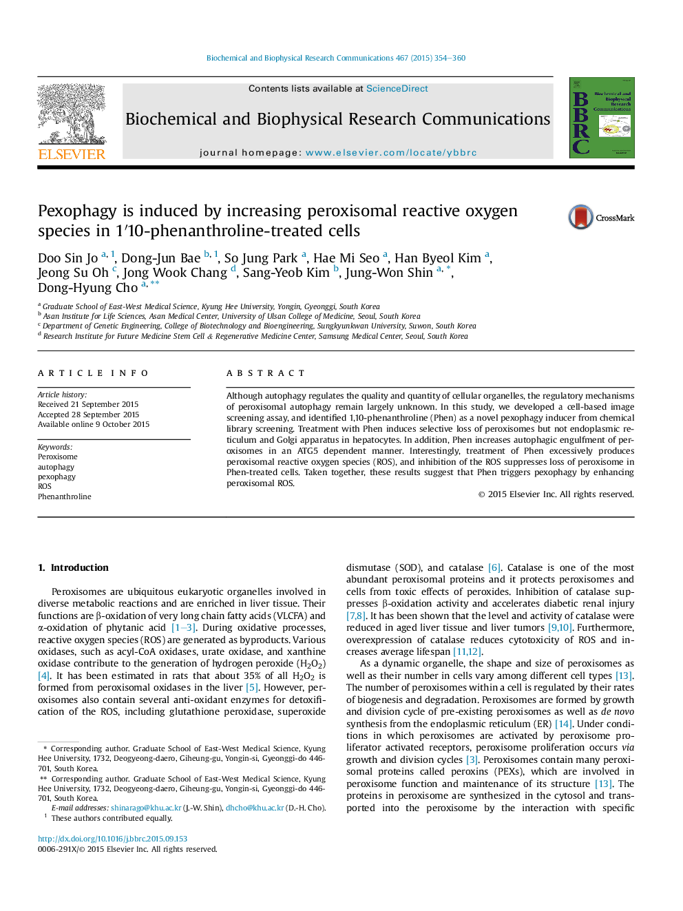 Pexophagy is induced by increasing peroxisomal reactive oxygen species in 1â²10-phenanthroline-treated cells