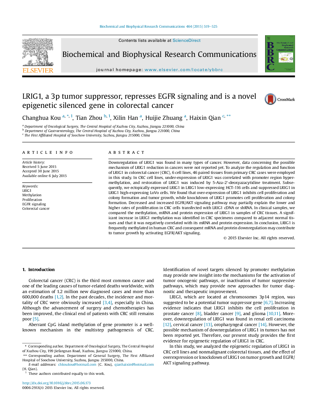 LRIG1, a 3p tumor suppressor, represses EGFR signaling and is a novel epigenetic silenced gene in colorectal cancer