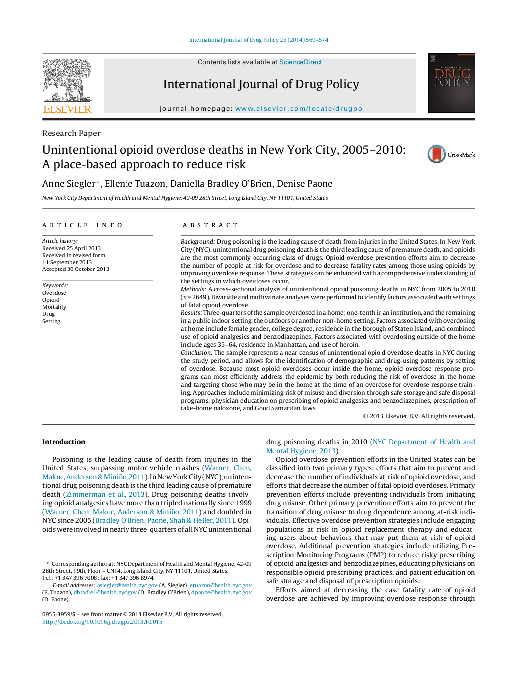 Unintentional opioid overdose deaths in New York City, 2005–2010: A place-based approach to reduce risk