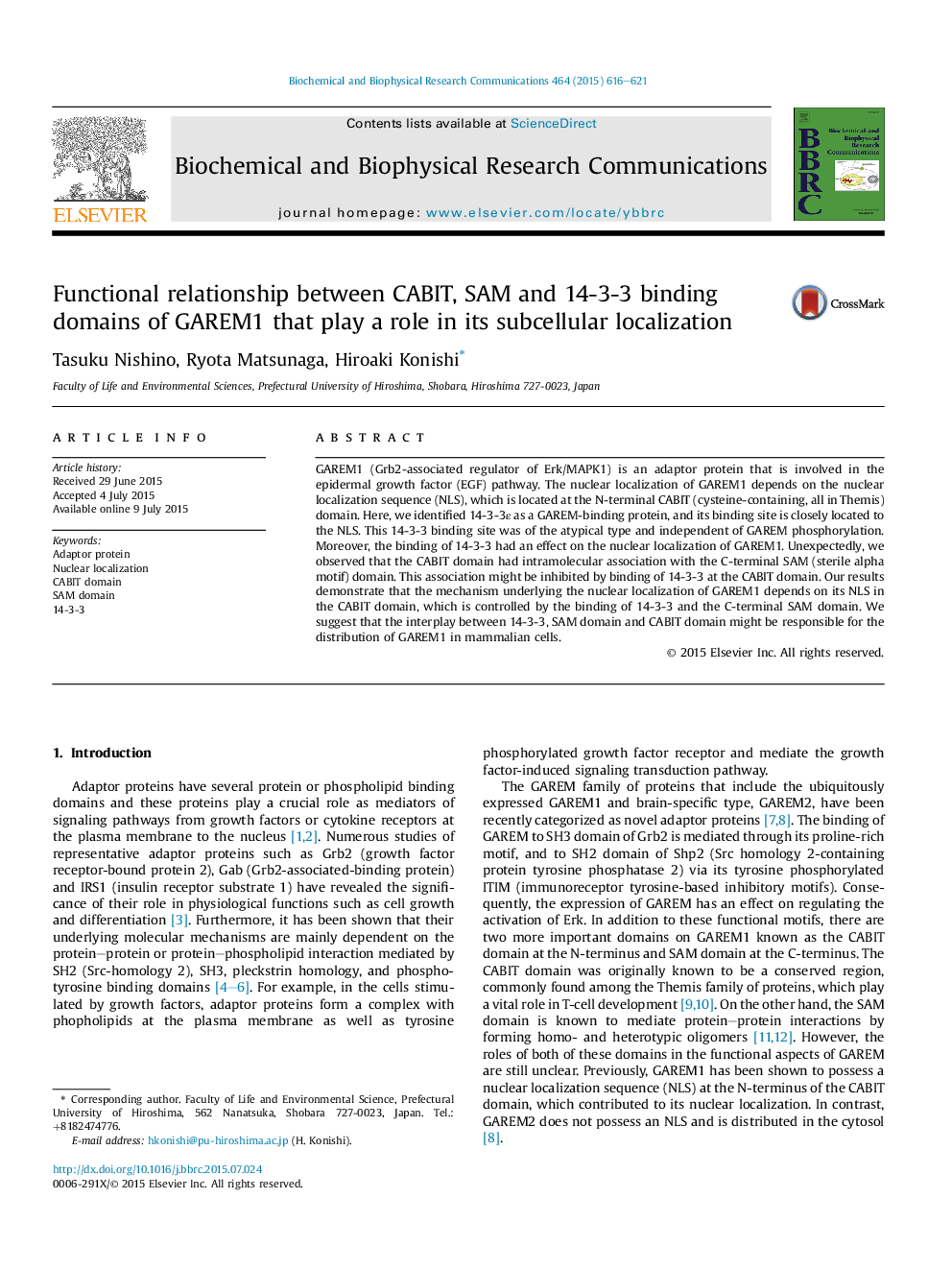 Functional relationship between CABIT, SAM and 14-3-3 binding domains of GAREM1 that play a role in its subcellular localization