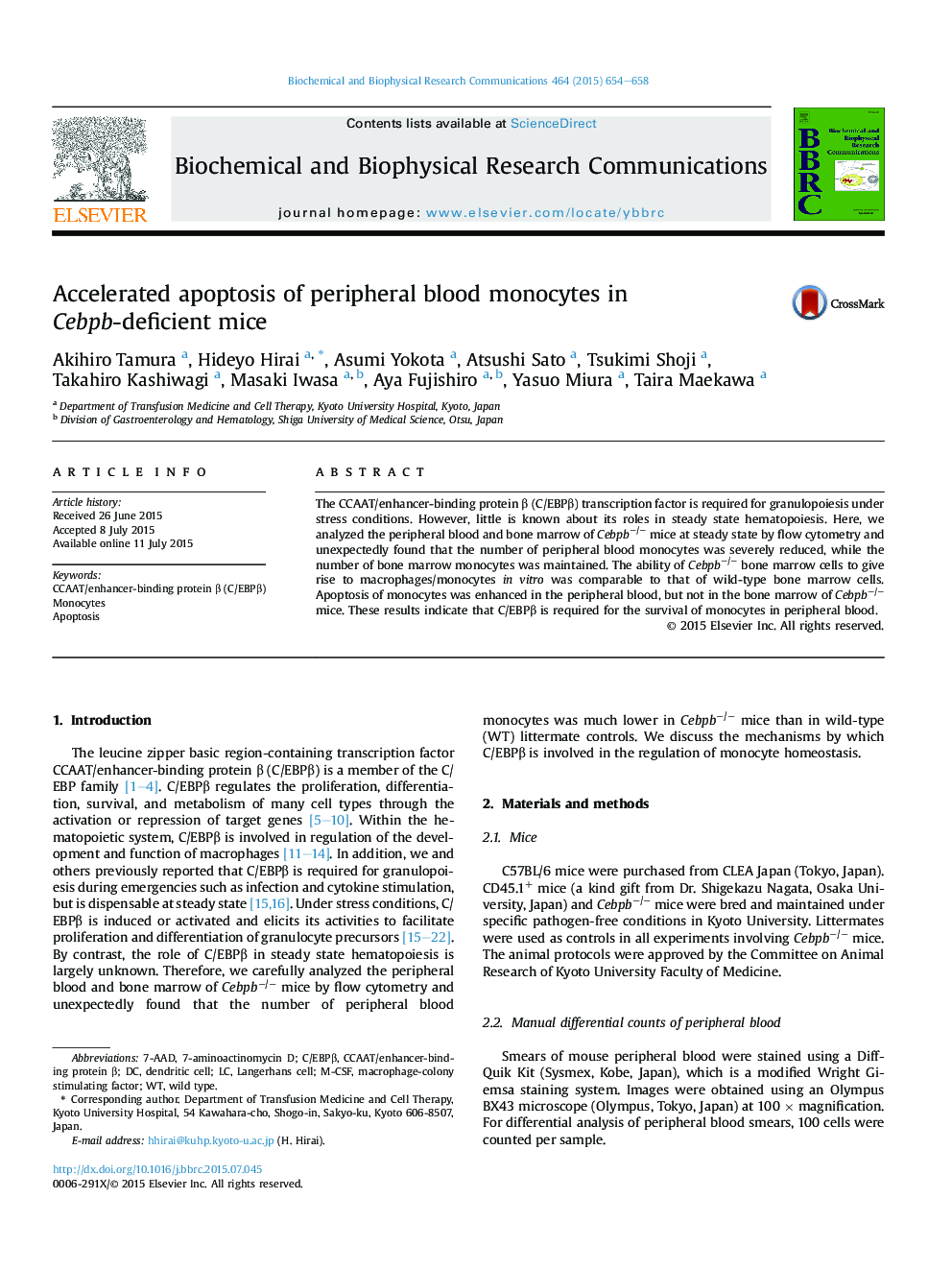 Accelerated apoptosis of peripheral blood monocytes in Cebpb-deficient mice