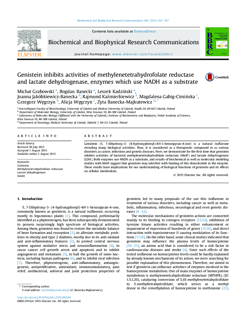 Genistein inhibits activities of methylenetetrahydrofolate reductase and lactate dehydrogenase, enzymes which use NADH as a substrate