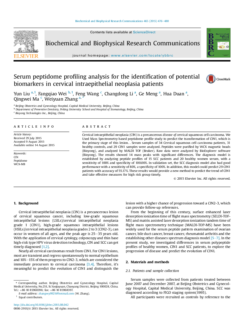 Serum peptidome profiling analysis for the identification of potential biomarkers in cervical intraepithelial neoplasia patients