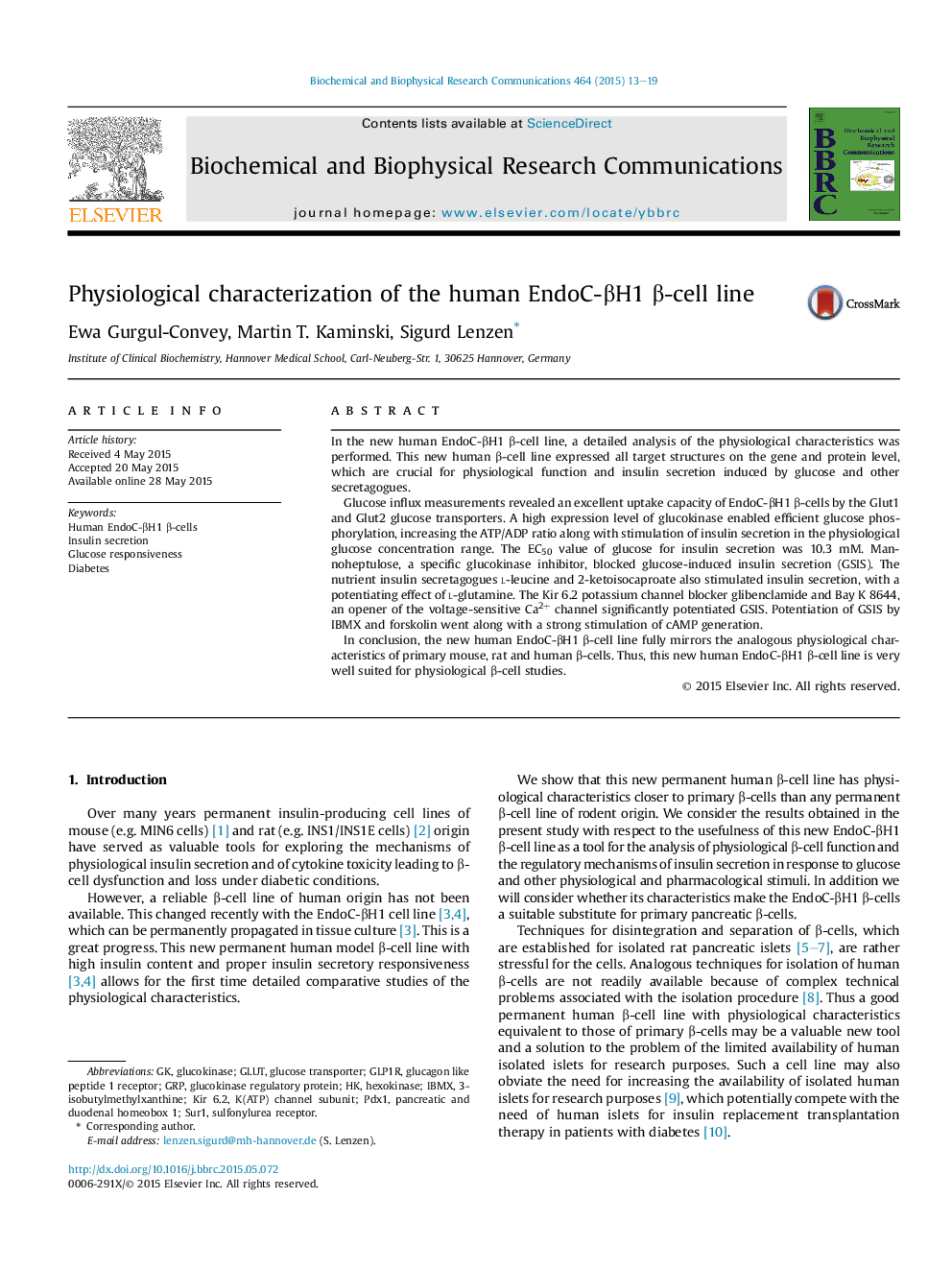 عکس صفحه اول مقاله: Physiological characterization of the human EndoC-βH1 β-cell line Physiological characterization of the human EndoC-βH1 β-cell line