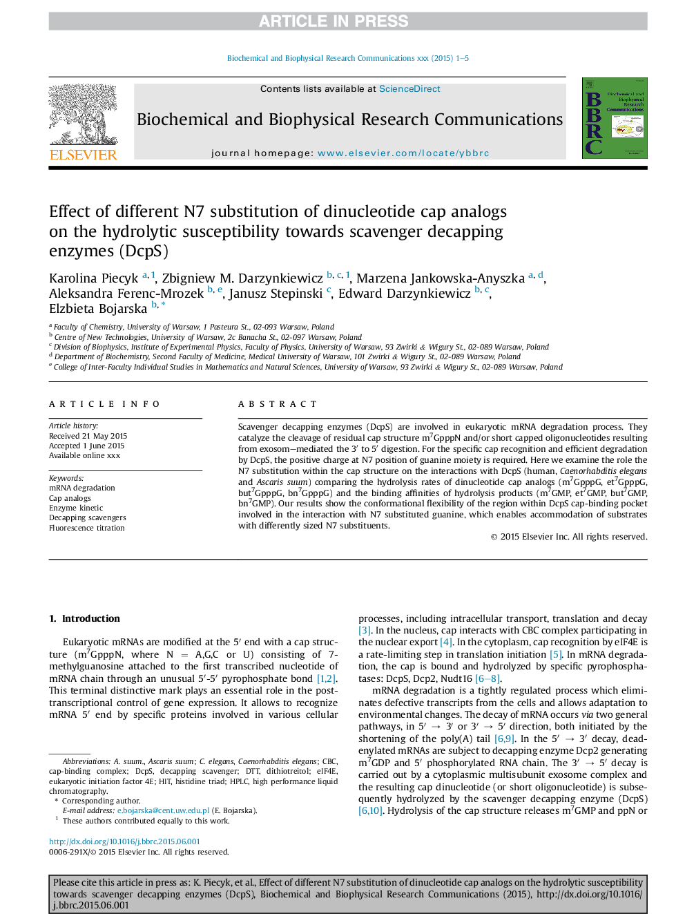 Effect of different N7 substitution of dinucleotide cap analogs on the hydrolytic susceptibility towards scavenger decapping enzymes (DcpS)