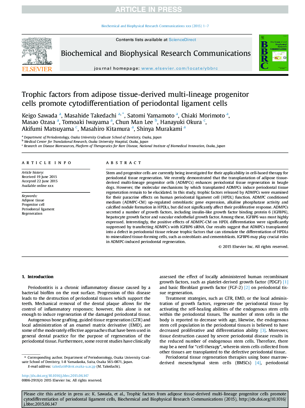 Trophic factors from adipose tissue-derived multi-lineage progenitor cells promote cytodifferentiation of periodontal ligament cells