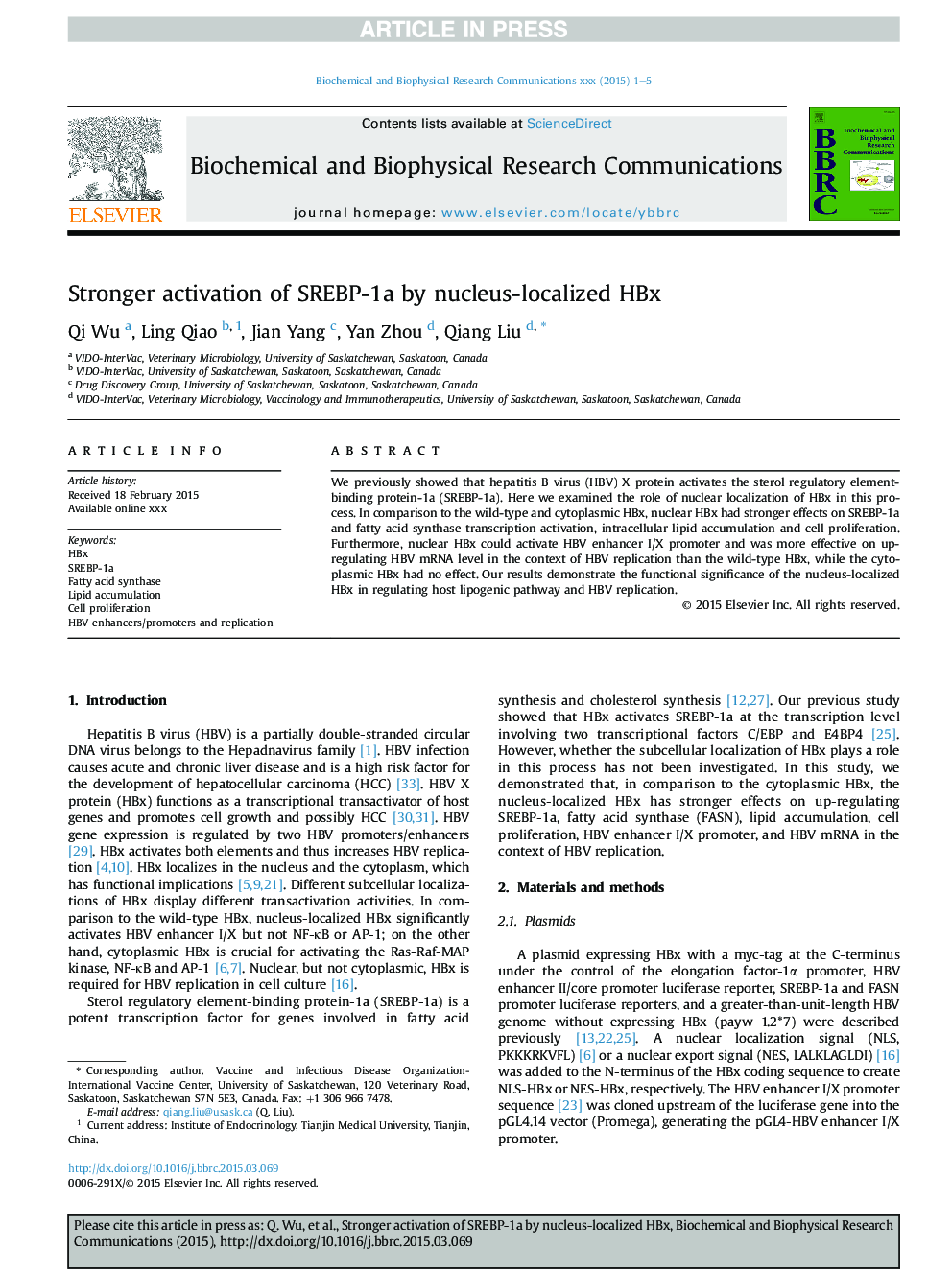 Stronger activation of SREBP-1a by nucleus-localized HBx