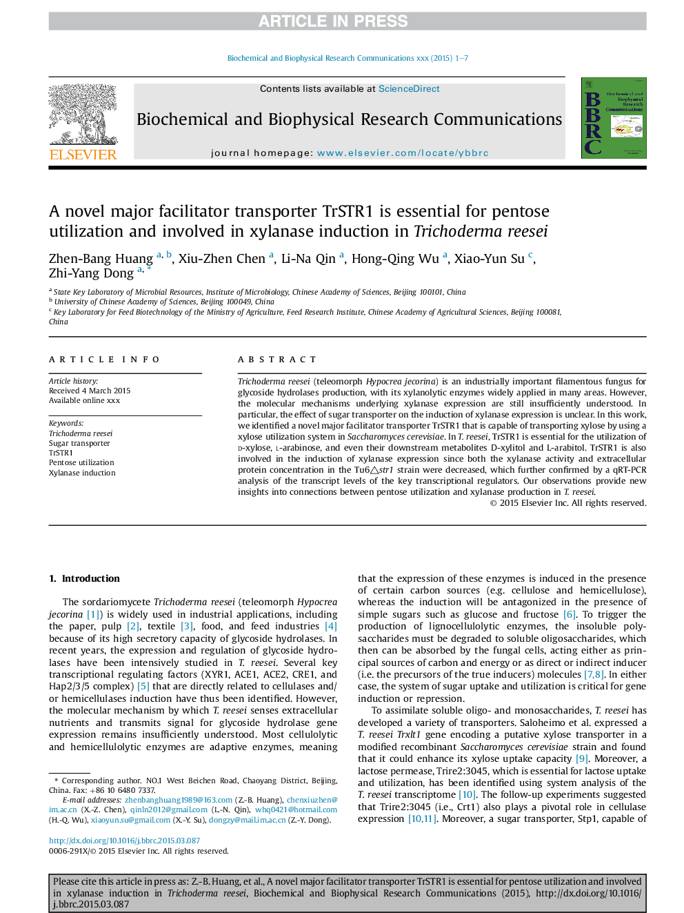 A novel major facilitator transporter TrSTR1 is essential for pentose utilization and involved in xylanase induction in Trichoderma reesei