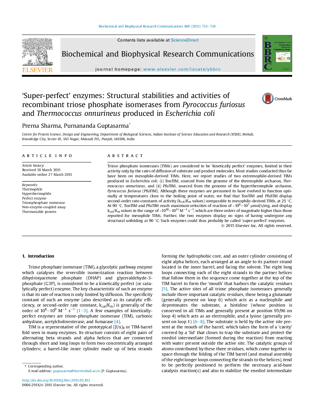 'Super-perfect' enzymes: Structural stabilities and activities of recombinant triose phosphate isomerases from Pyrococcus furiosus and Thermococcus onnurineus produced in Escherichia coli