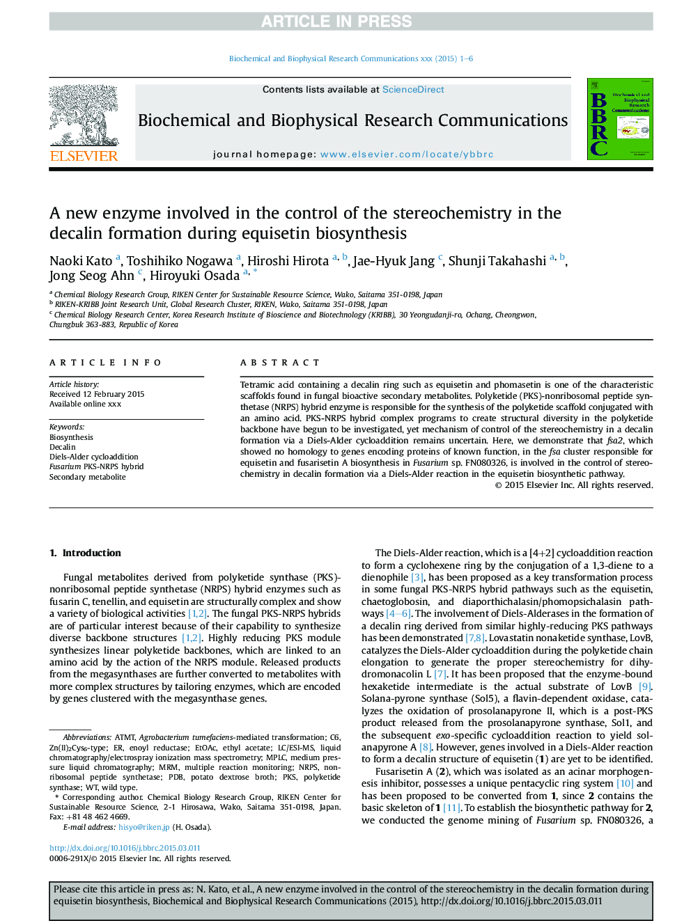 A new enzyme involved in the control of the stereochemistry in the decalin formation during equisetin biosynthesis