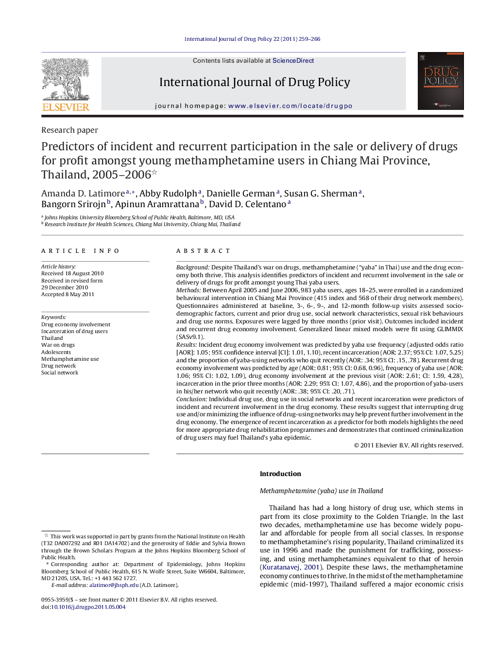 Predictors of incident and recurrent participation in the sale or delivery of drugs for profit amongst young methamphetamine users in Chiang Mai Province, Thailand, 2005-2006