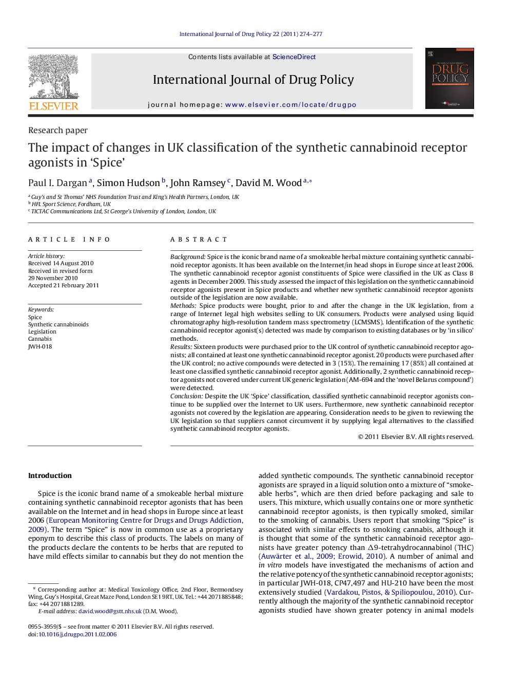 The impact of changes in UK classification of the synthetic cannabinoid receptor agonists in ‘Spice’