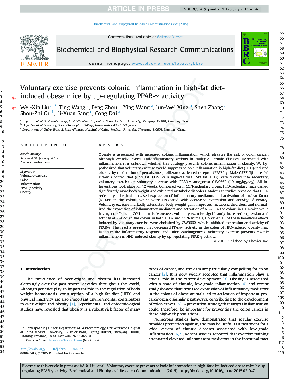 Voluntary exercise prevents colonic inflammation in high-fat diet-induced obese mice by up-regulating PPAR-Î³ activity