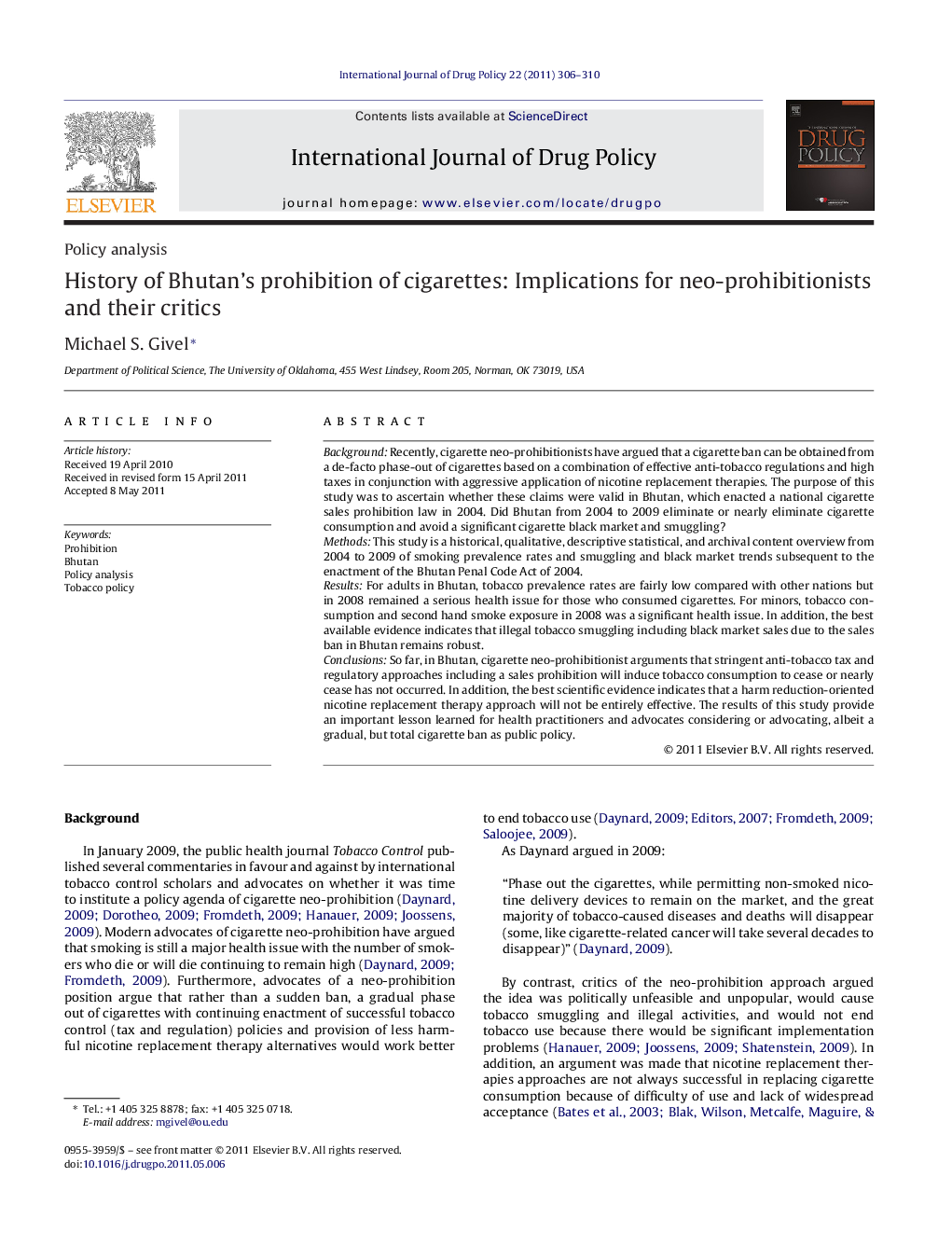 History of Bhutan's prohibition of cigarettes: Implications for neo-prohibitionists and their critics