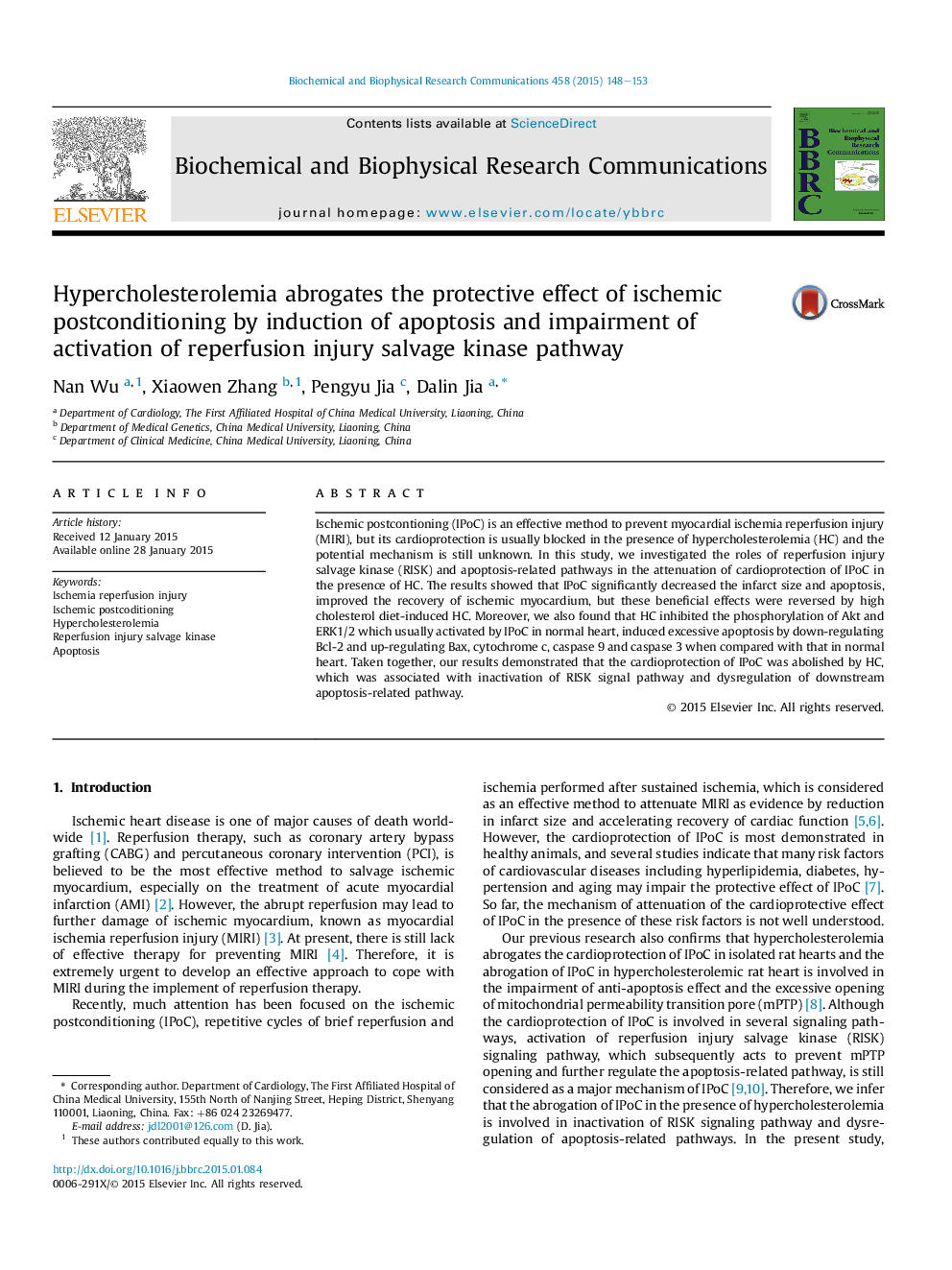 Hypercholesterolemia abrogates the protective effect of ischemic postconditioning by induction of apoptosis and impairment of activation of reperfusion injury salvage kinase pathway