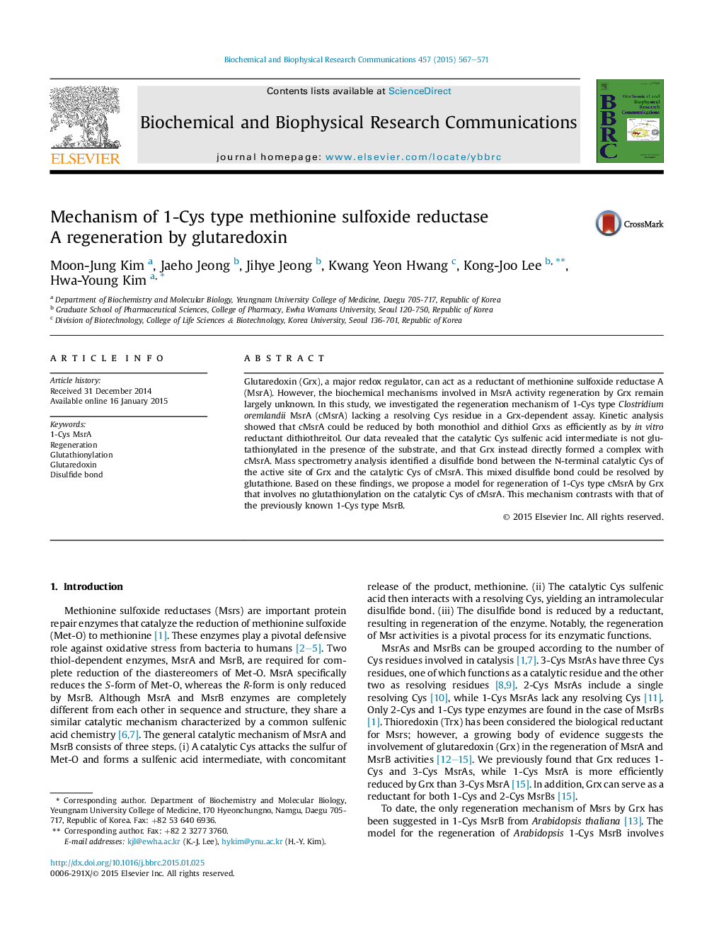 Mechanism of 1-Cys type methionine sulfoxide reductase AÂ regeneration by glutaredoxin